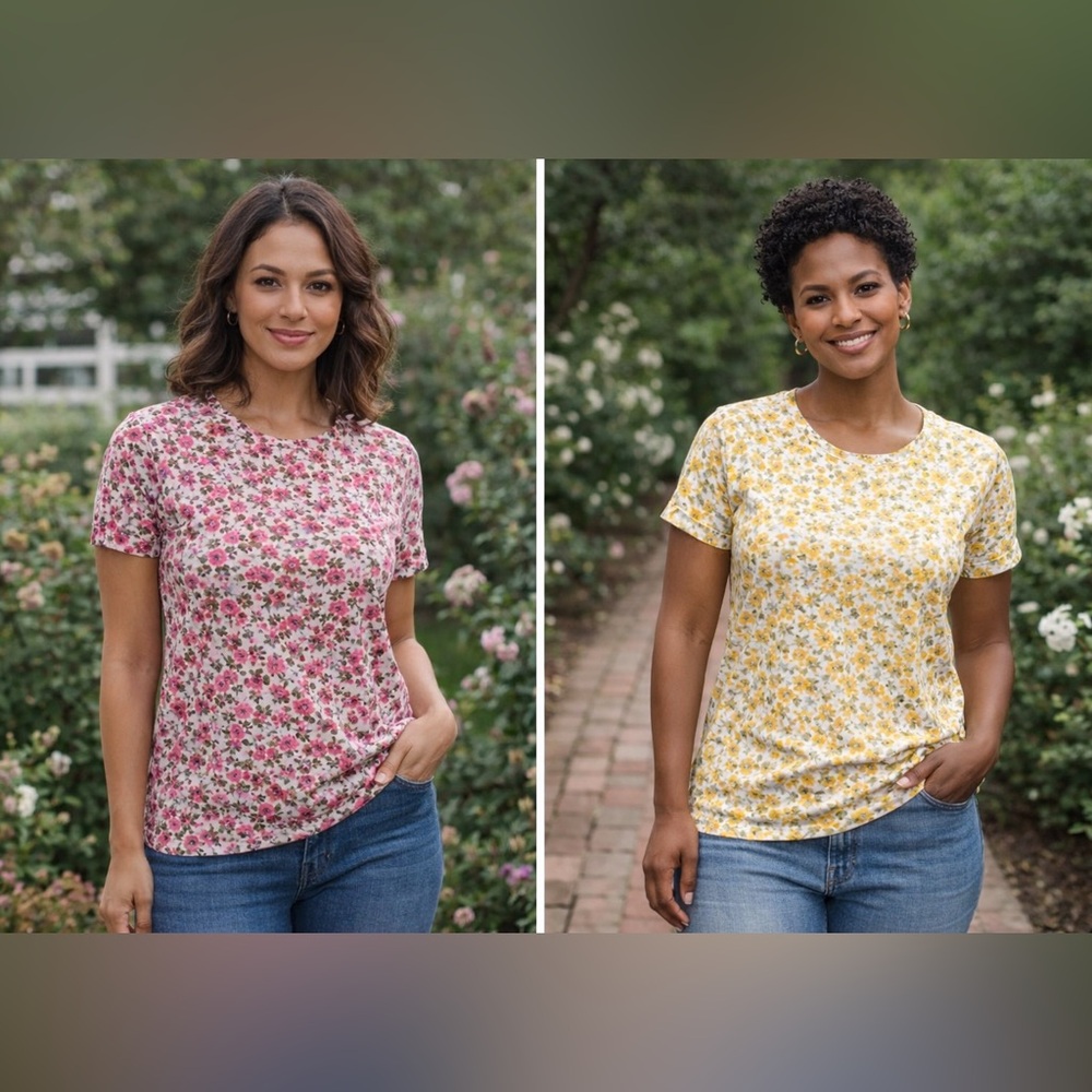 Old Navy Pink & Yellow Rose Pattern Scoop Neck T-shirts - Large EUC